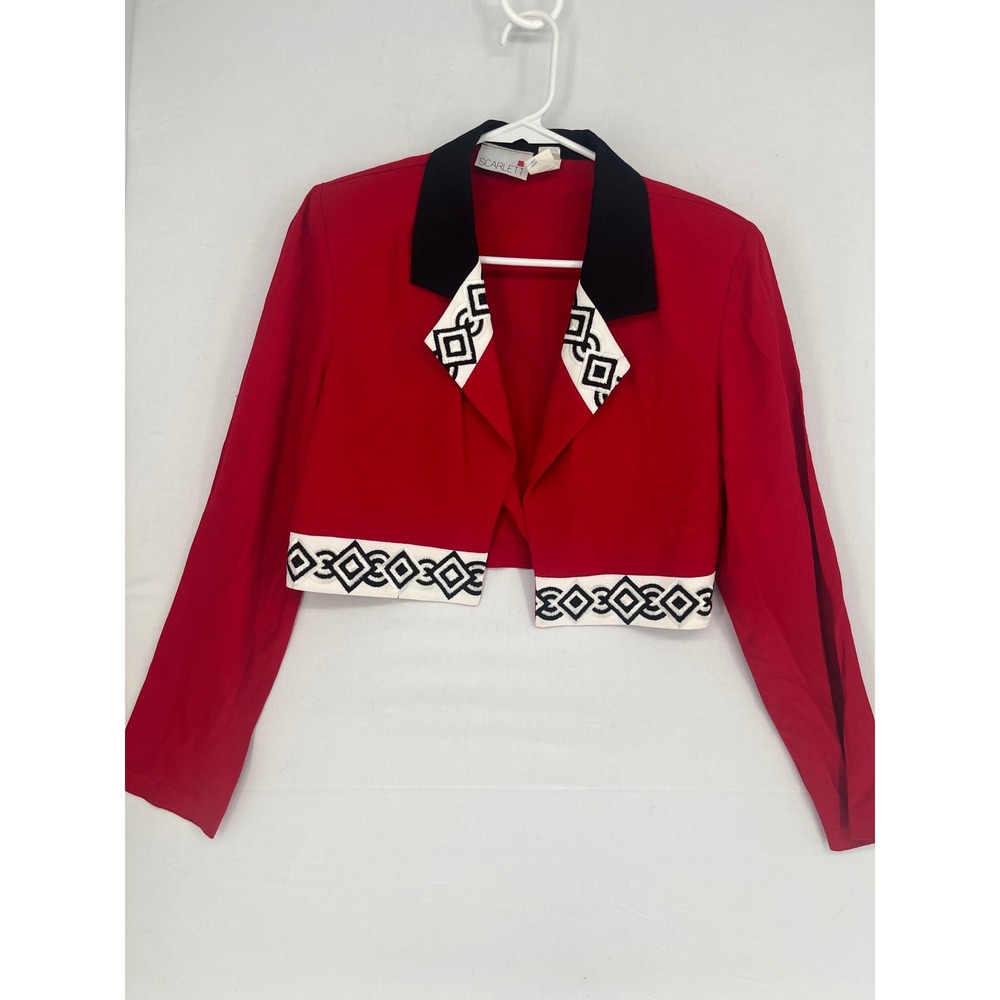 Scarlett Cropped Blazer Womens Size 5-6 Geometric Trim Open Front Red Black